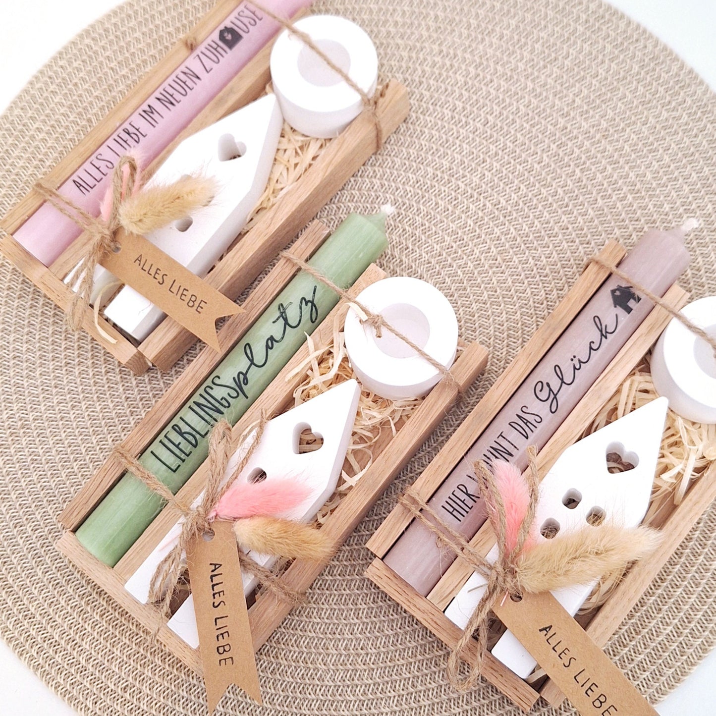 Einzugsgeschenk Einweihungsgeschenk Geschenkset zum Umzug Einzug Haus / Lichthaus Kerzenset zum Hauskauf Richtfest Stabkerze Holzbox