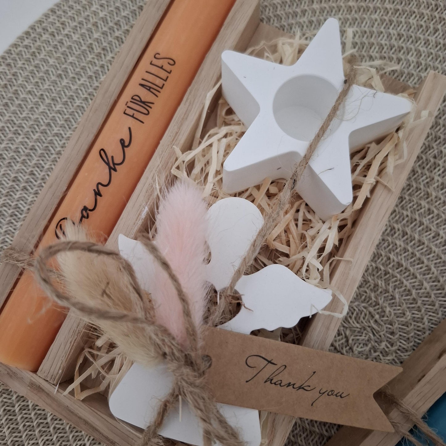 Danke Kerzenset kleines Dankeschön Danke für alles mit Engel Schutzengel Kerzenhalter Stern Stabkerze Schriftzug mit Holzbox