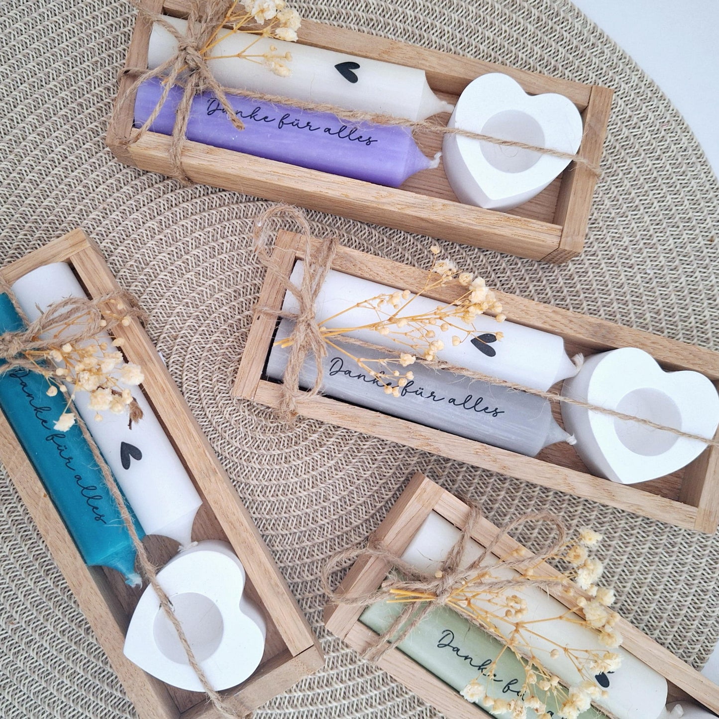 Danke für alles kleines Kerzenset Geschenkset Danksagung Dankeschön Mitbringsel Aufmerksamkeit Kerzenhalter Stabkerze Schriftzug mit Holzbox
