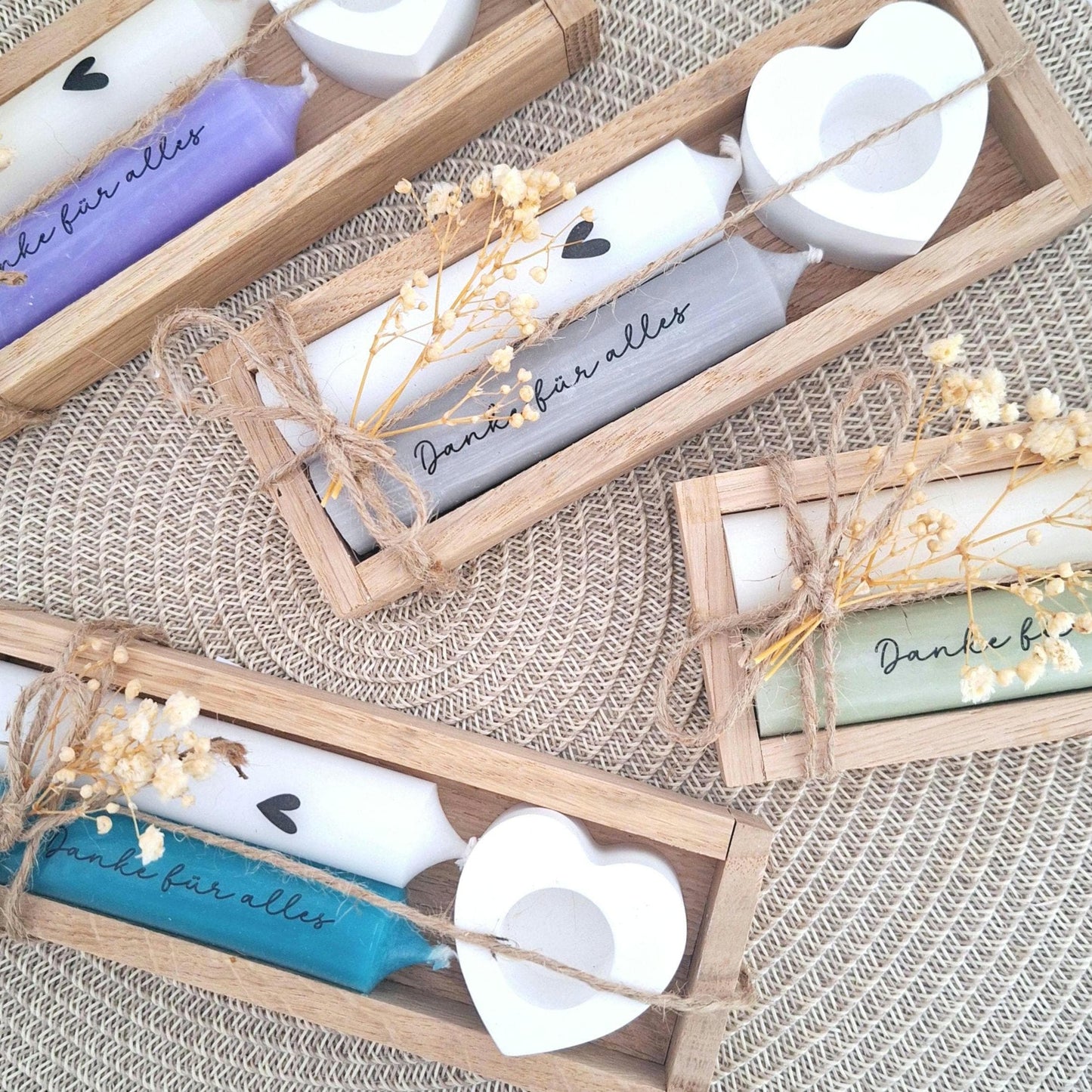 Dankeschön Geschenk Danke für alles Kerzenset Geschenkset Danksagung Mitbringsel Aufmerksamkeit Kerzenhalter Stabkerze Schriftzug Holzbox