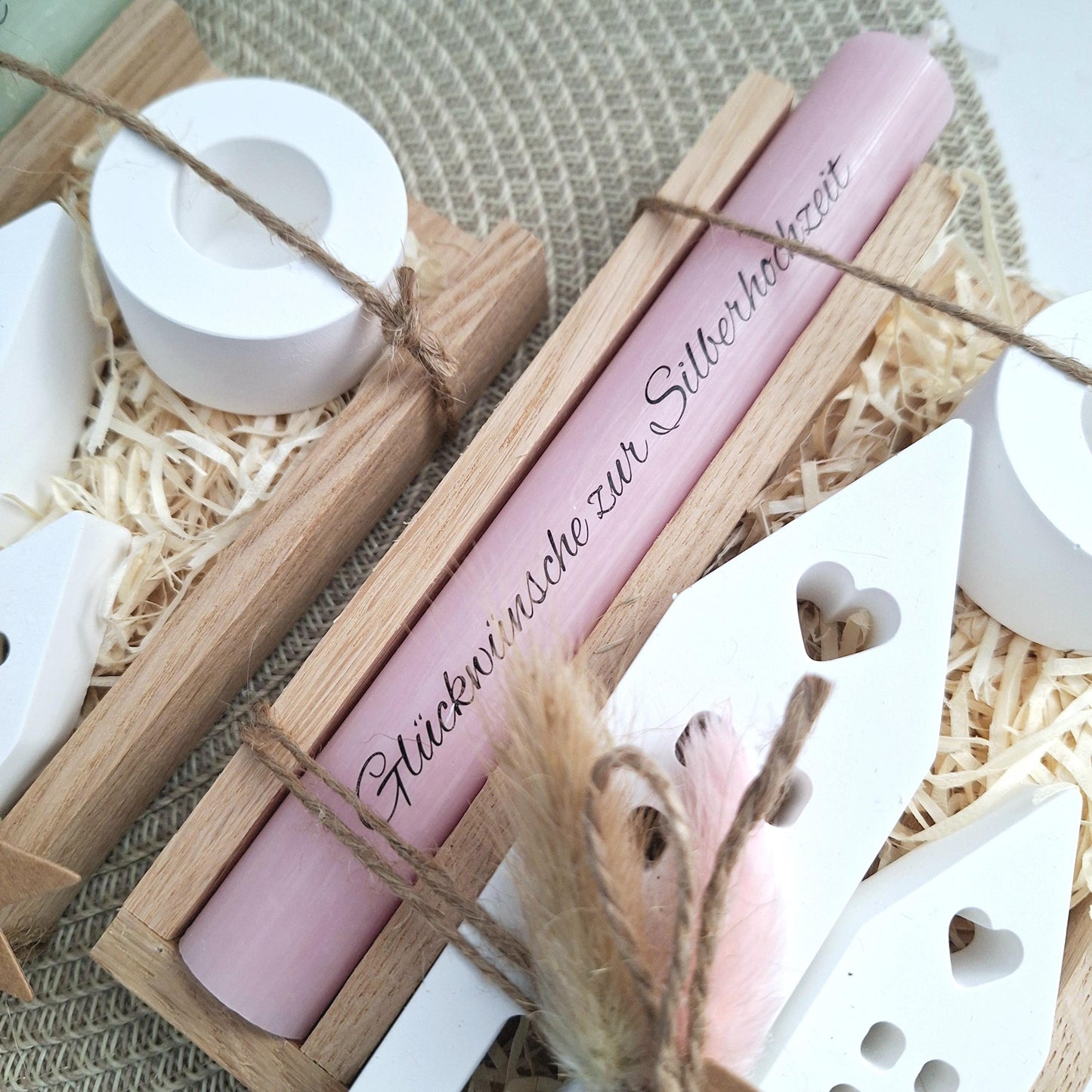 Silberhochzeit Silberhochzeitsgeschenk Häuser Lichthäuser Kerzenhalter rund Stabkerze Kerzenbox Holzbox Mitbringsel