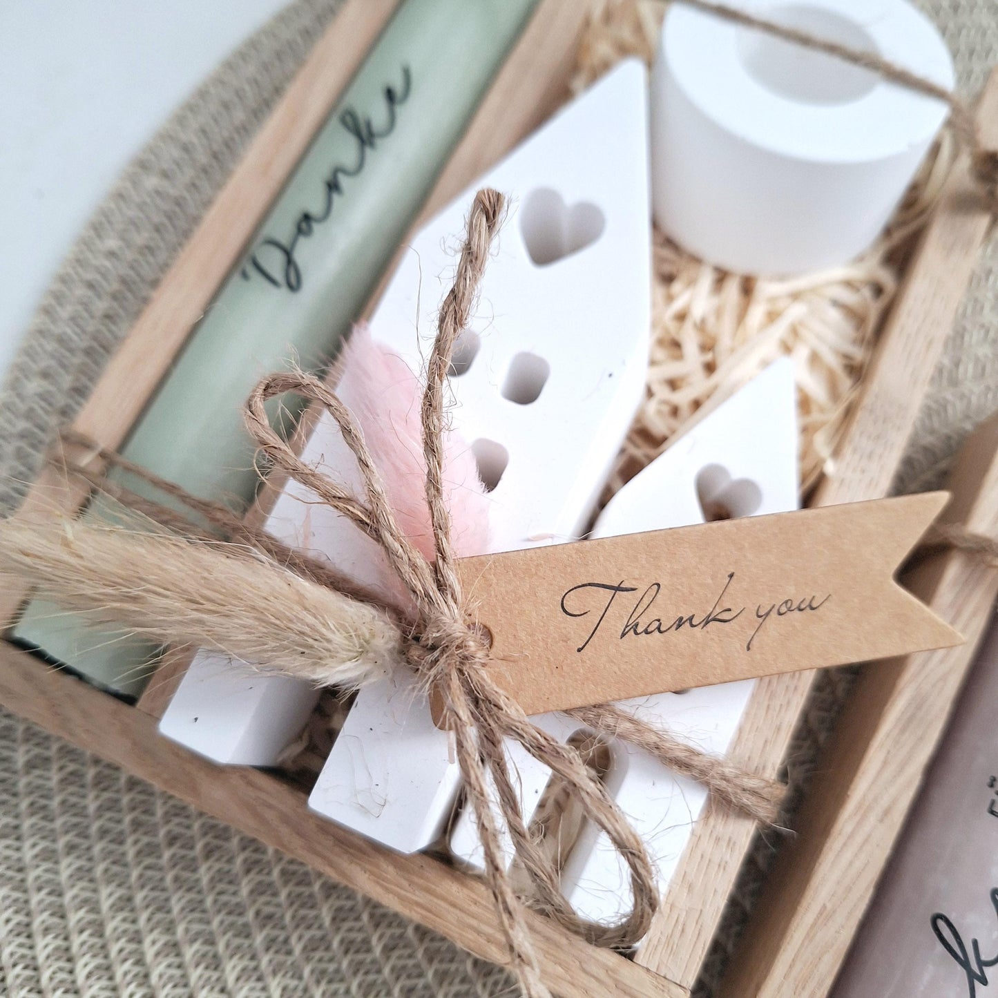 Danke Kerzenset kleines Dankeschön Danke für alles mit Häuser / Lichthäuser Kerzenhalter rund Stabkerze Schriftzug mit Holzbox