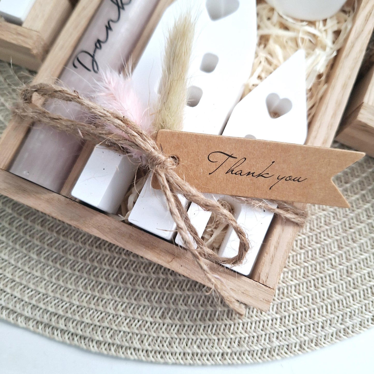 Danke Kerzenset kleines Dankeschön Danke für alles mit Häuser / Lichthäuser Kerzenhalter rund Stabkerze Schriftzug mit Holzbox