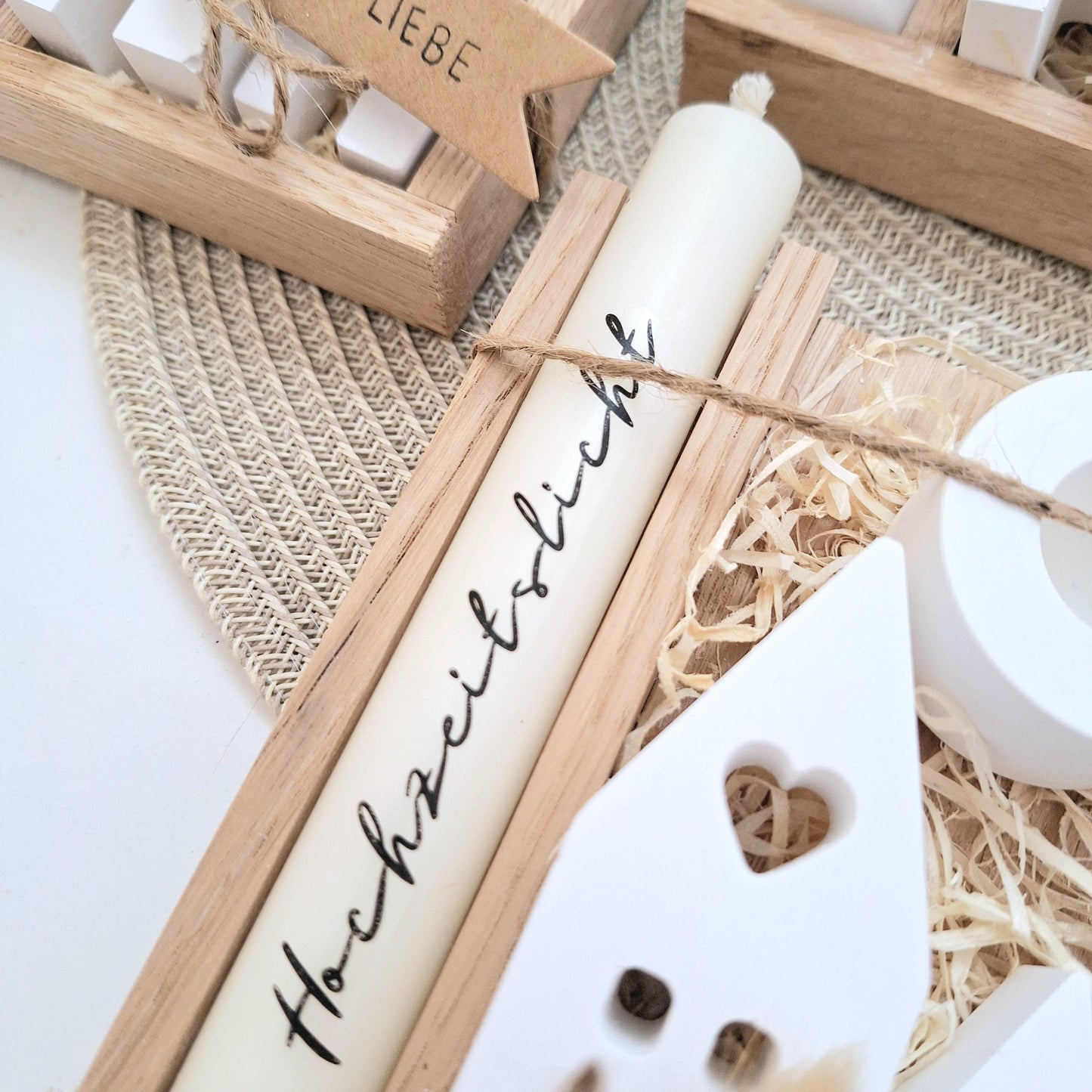 Hochzeit Geschenkset Hochzeitsgeschenk Häuser / Lichthäuser Kerzenhalter rund Kerzenset Stabkerze Kerzenbox Holzbox Mitbringsel