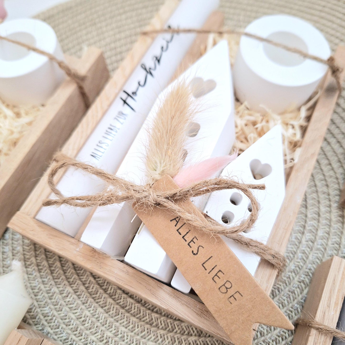 Hochzeit Geschenkset Hochzeitsgeschenk Häuser / Lichthäuser Kerzenhalter rund Kerzenset Stabkerze Kerzenbox Holzbox Mitbringsel