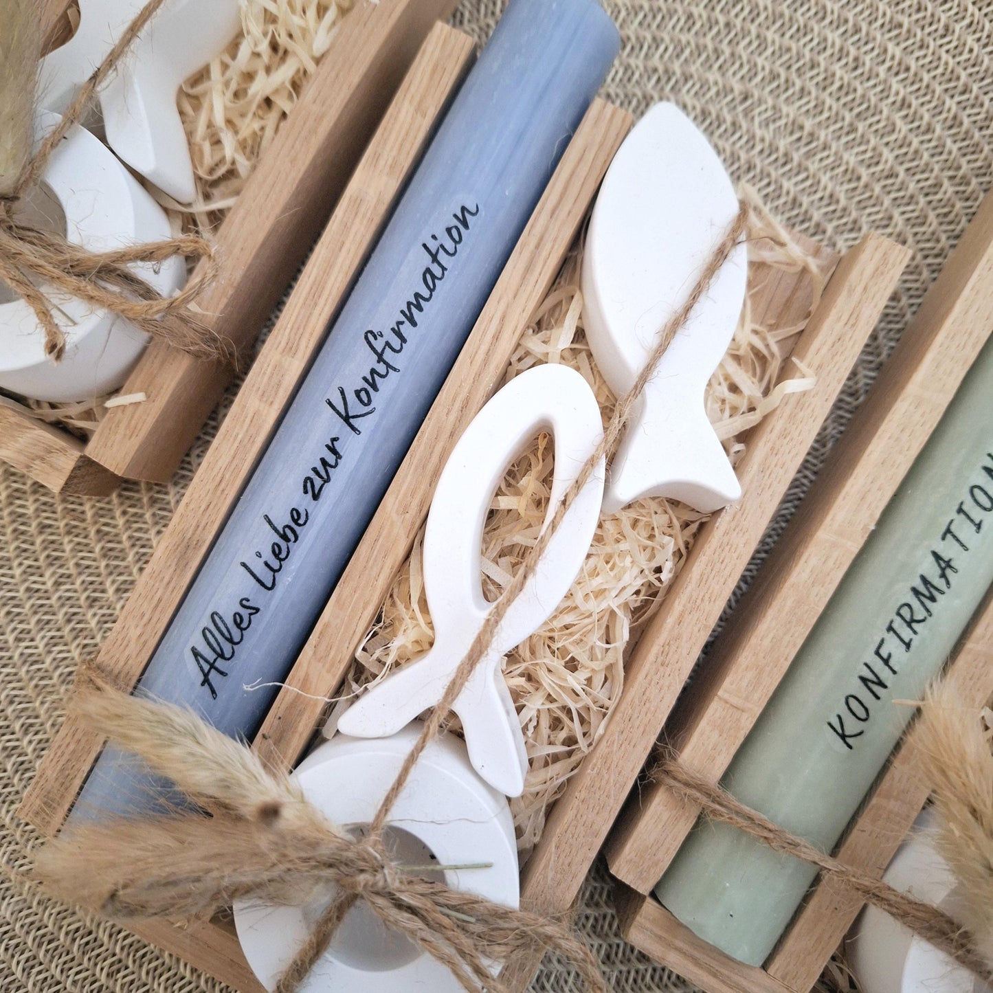 Konfirmation Konfirmationsgeschenk mit zwei Fischen Kerzenhalter rund Geschenkset für Jungen und Mädchen Konfirmationskerze Kerzenset