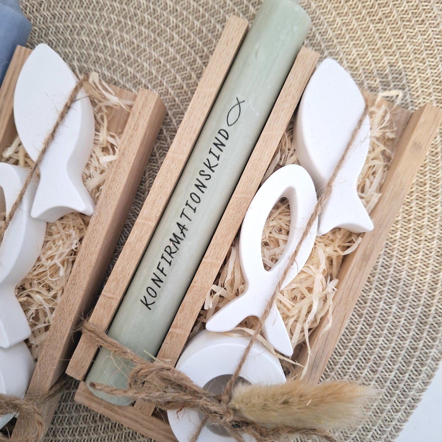 Konfirmation Konfirmationsgeschenk mit zwei Fischen Kerzenhalter rund Geschenkset für Jungen und Mädchen Konfirmationskerze Kerzenset