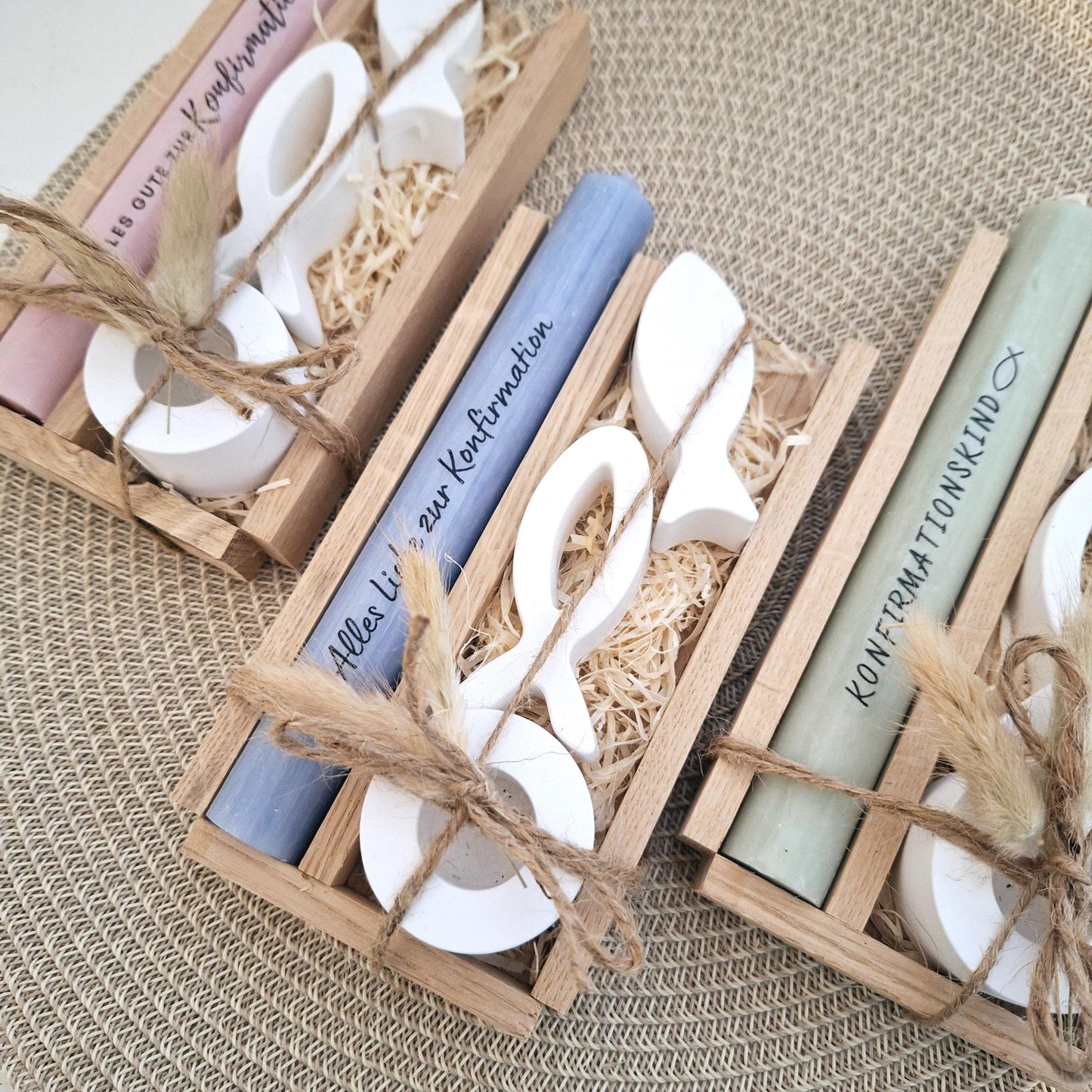 Konfirmation Konfirmationsgeschenk mit zwei Fischen Kerzenhalter rund Geschenkset für Jungen und Mädchen Konfirmationskerze Kerzenset