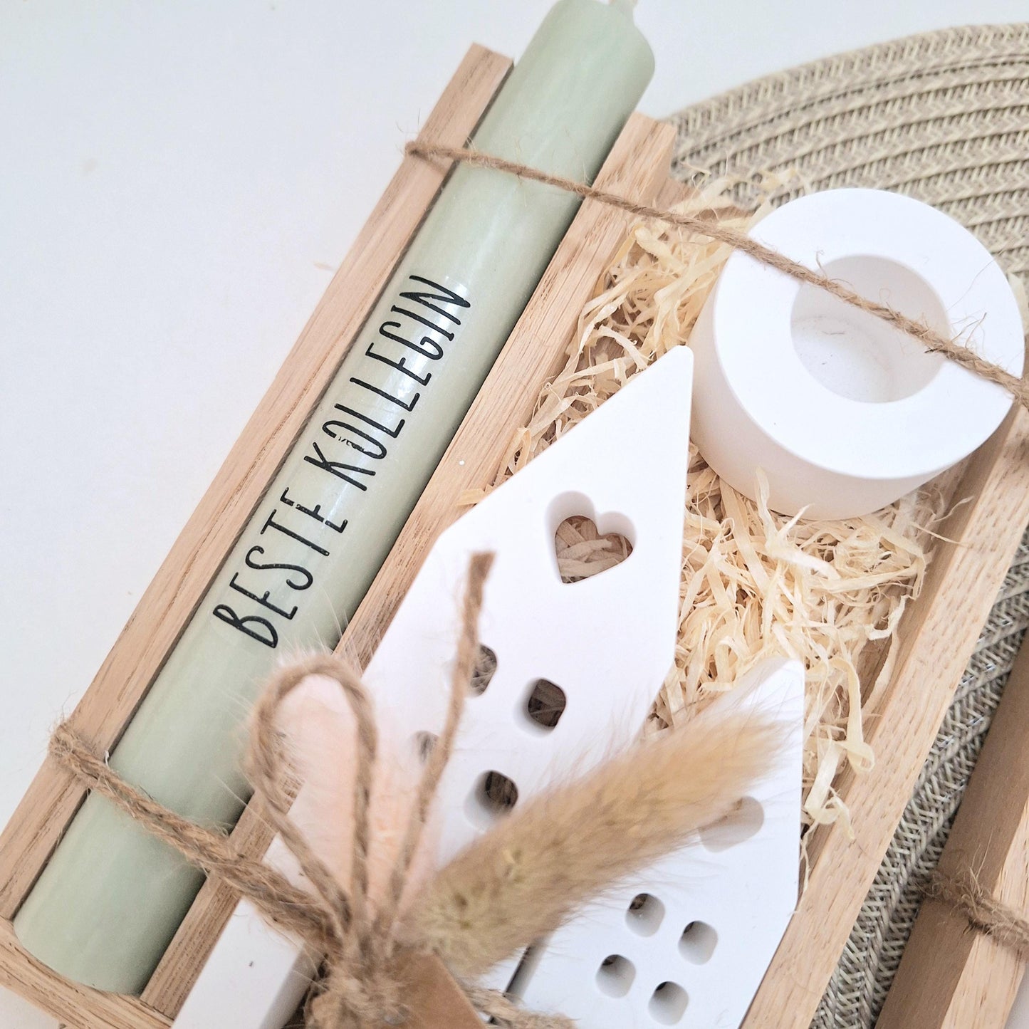 Geschenk Kollegin Kollege mit Herz Geschenkset Dankeschön Häuser / Lichthäuser Kerzenhalter rund Kerzenset Holzbox
