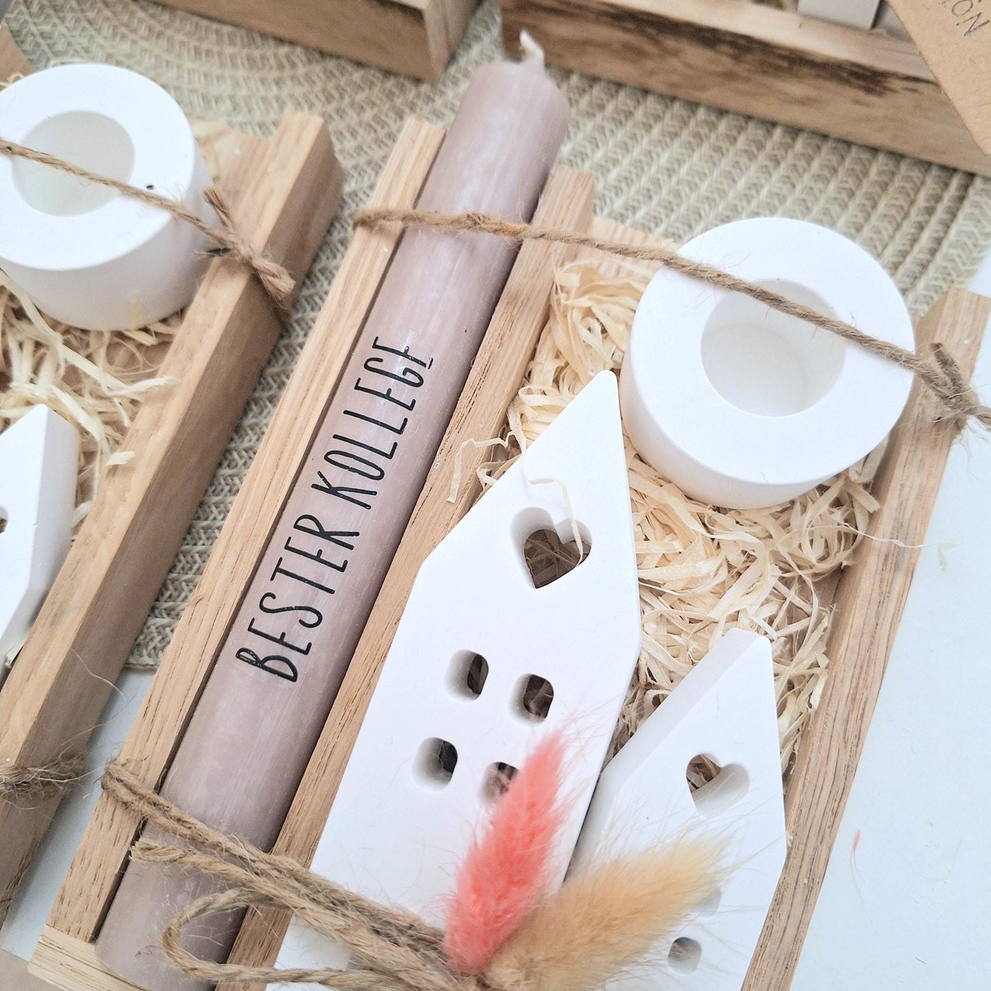 Geschenk Kollegin Kollege mit Herz Geschenkset Dankeschön Häuser / Lichthäuser Kerzenhalter rund Kerzenset Holzbox