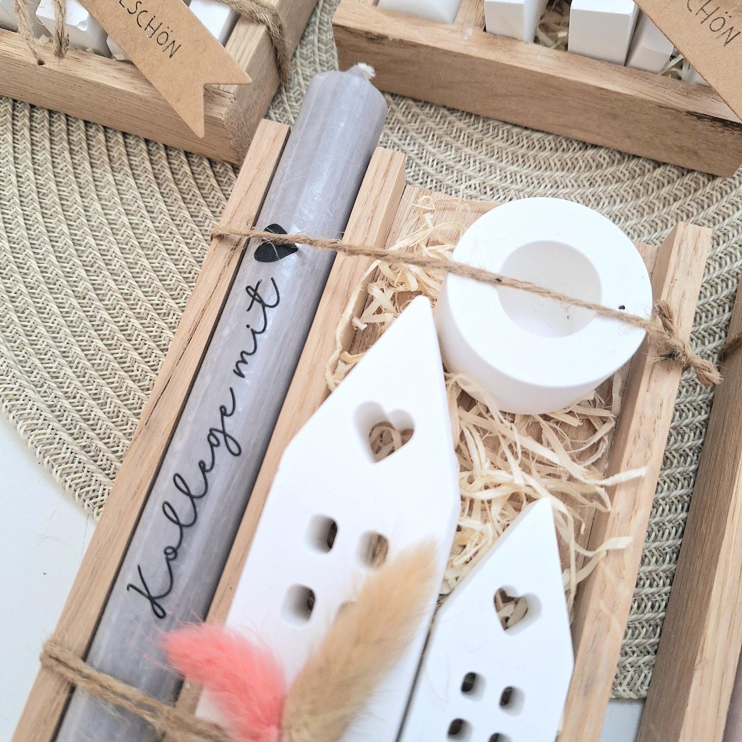 Geschenk Kollegin Kollege mit Herz Geschenkset Dankeschön Häuser / Lichthäuser Kerzenhalter rund Kerzenset Holzbox