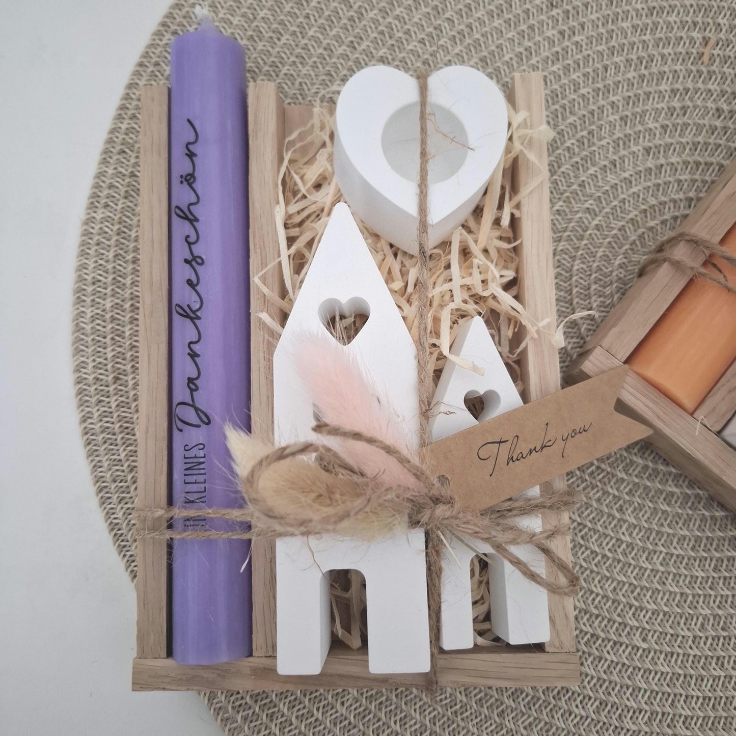 Danke Kerzenset kleines Dankeschön Danke für alles mit Häuser Lichthäuser Kerzenhalter Herz Stabkerze Schriftzug mit Holzbox