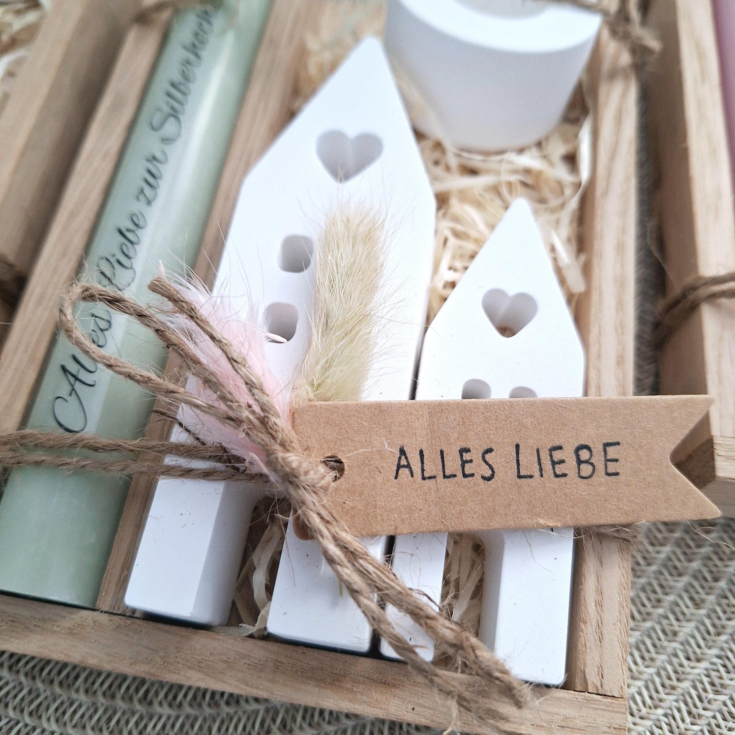 Silberhochzeit Silberhochzeitsgeschenk Häuser Lichthäuser Kerzenhalter rund Stabkerze Kerzenbox Holzbox Mitbringsel