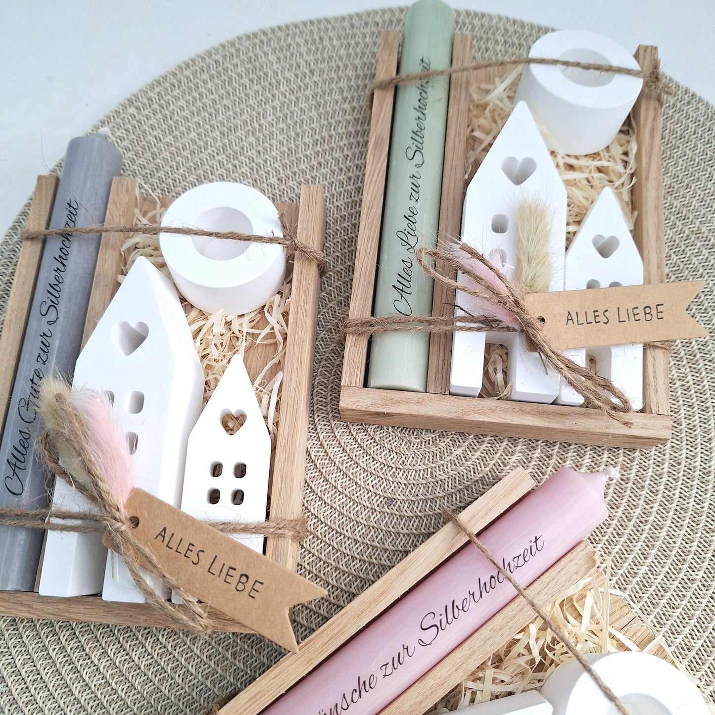 Silberhochzeit Silberhochzeitsgeschenk Häuser Lichthäuser Kerzenhalter rund Stabkerze Kerzenbox Holzbox Mitbringsel