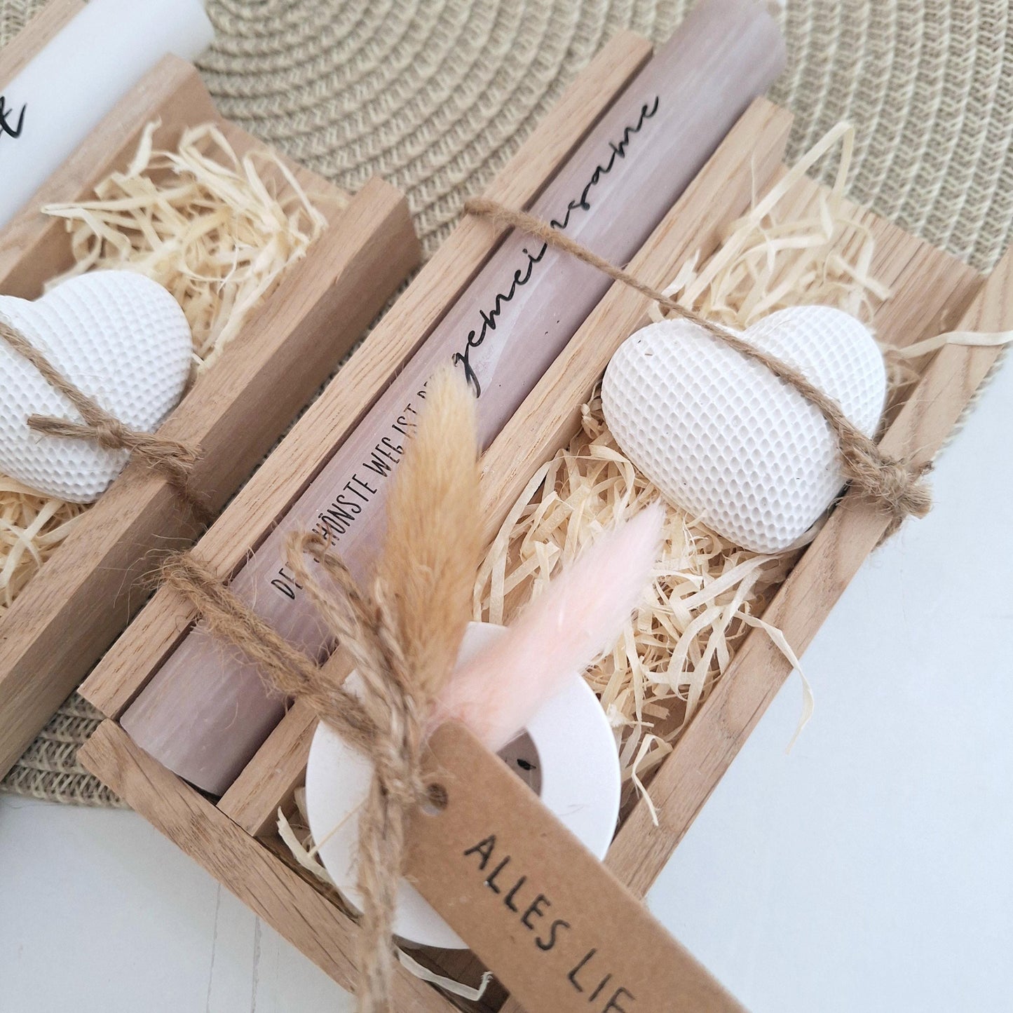 Hochzeit Geschenkset Hochzeitsgeschenk Dekoherz Kerzenhalter rund Kerzenset Stabkerze Kerzenbox Holzbox Mitbringsel