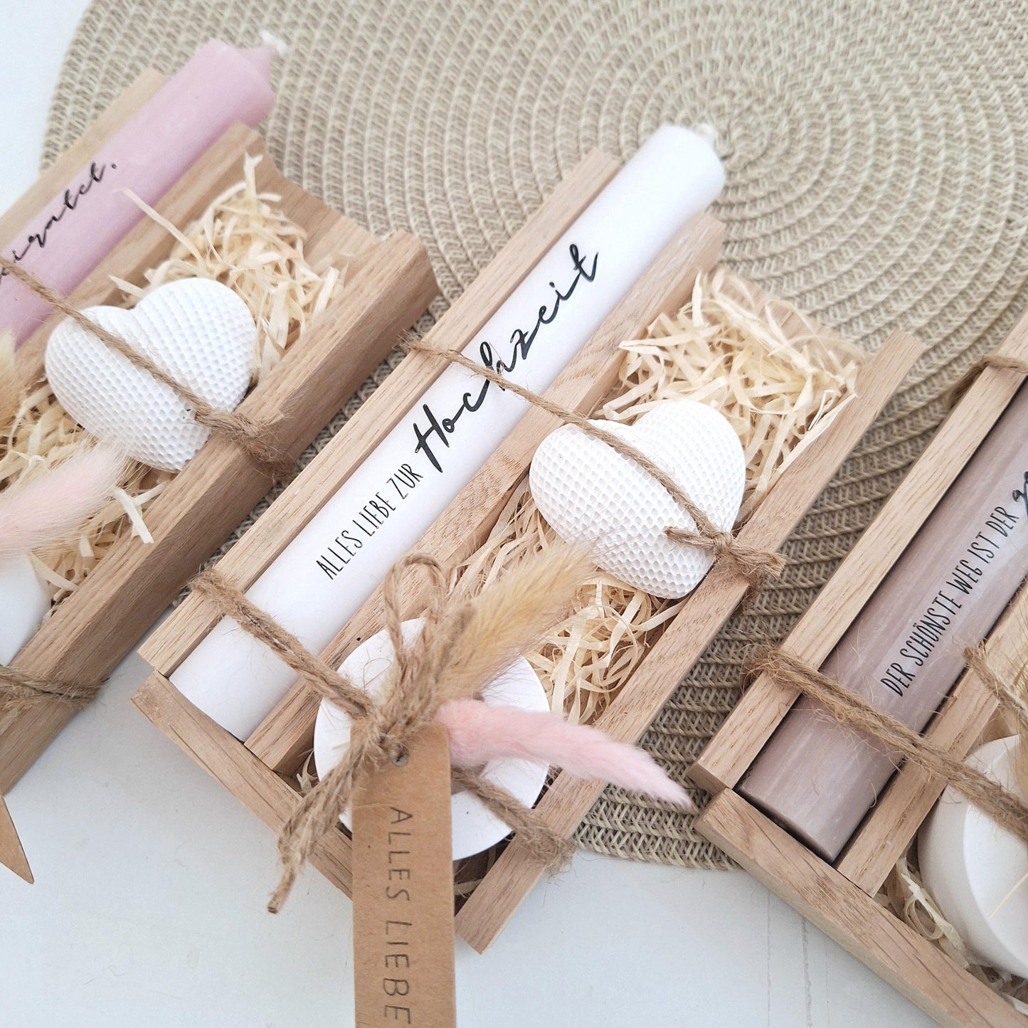 Hochzeit Geschenkset Hochzeitsgeschenk Dekoherz Kerzenhalter rund Kerzenset Stabkerze Kerzenbox Holzbox Mitbringsel
