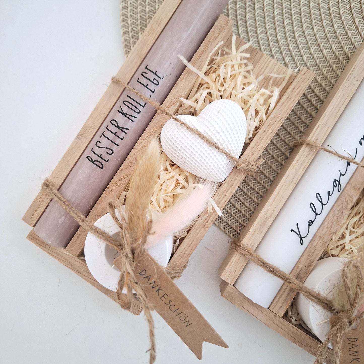 Geschenk Kollegin mit Herz Kollege Geschenkset Dankeschön Dekoherz Kerzenhalter rund Kerzenset Geschenkset Stabkerze Holzbox