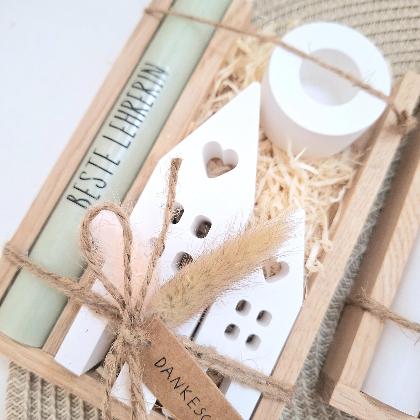 Abschiedsgeschenk Schule Lehrerin mit Herz Lehrer Geschenkset Dankeschön Häuser / Lichthäuser Kerzenhalter rund Kerzenset Stabkerze Holzbox