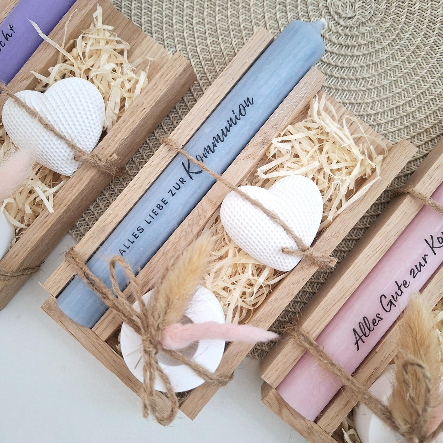 Kommunion Kommunionsgeschenk mit Dekoherz und Kerzenhalter rund Geschenkset für Jungen und Mädchen Kommunionskerze Kerzense
