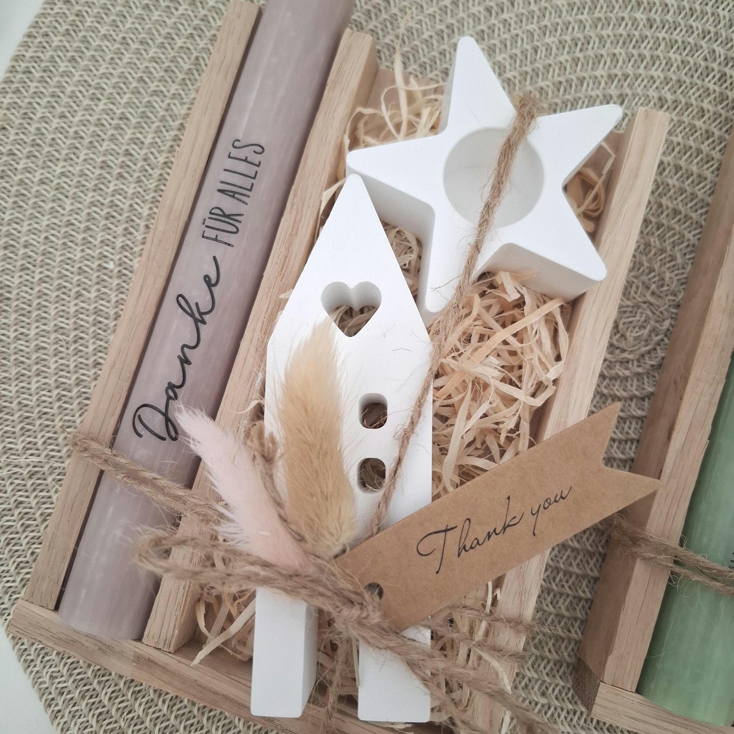 Danke Kerzenset kleines Dankeschön Danke für alles Geschenkset Haus / Lichthaus Kerzenhalter Stern Stabkerze Schriftzug mit Holzbox