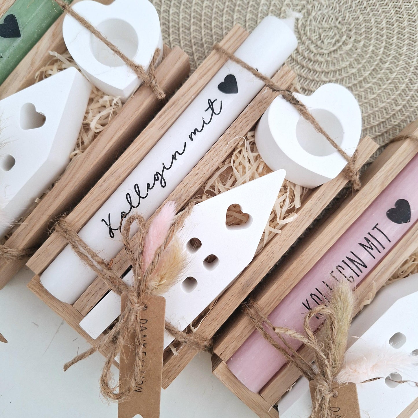 Kollegin mit Herz Kollege Geschenk Geschenkset Dankeschön Haus / Lichthaus Kerzenhalter Herz Kerzenset Geschenkset Stabkerze Holzbox