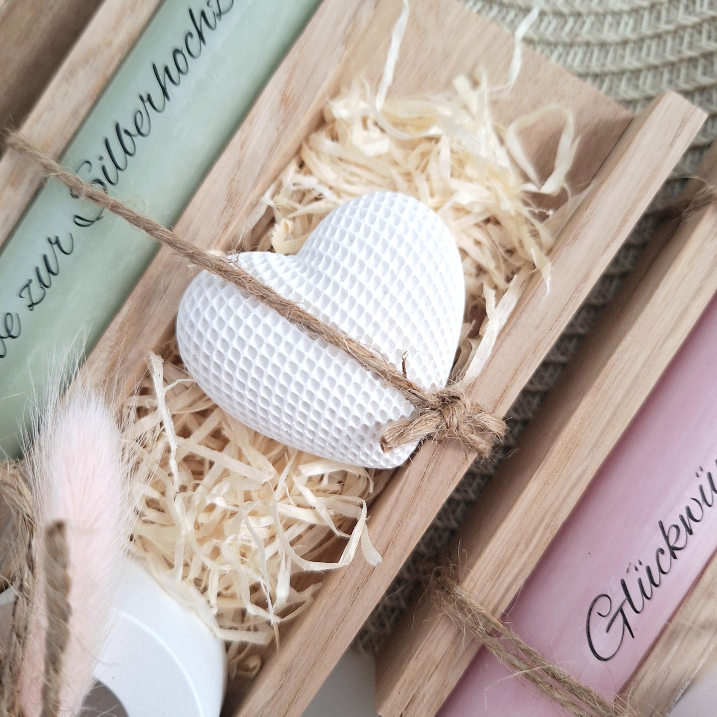 Silberhochzeit Silberhochzeitsgeschenk Dekoherz Kerze Kerzenset Kerzenhalter Stabkerze Kerze mit Kerzenbox Holzbox Mitbringsel
