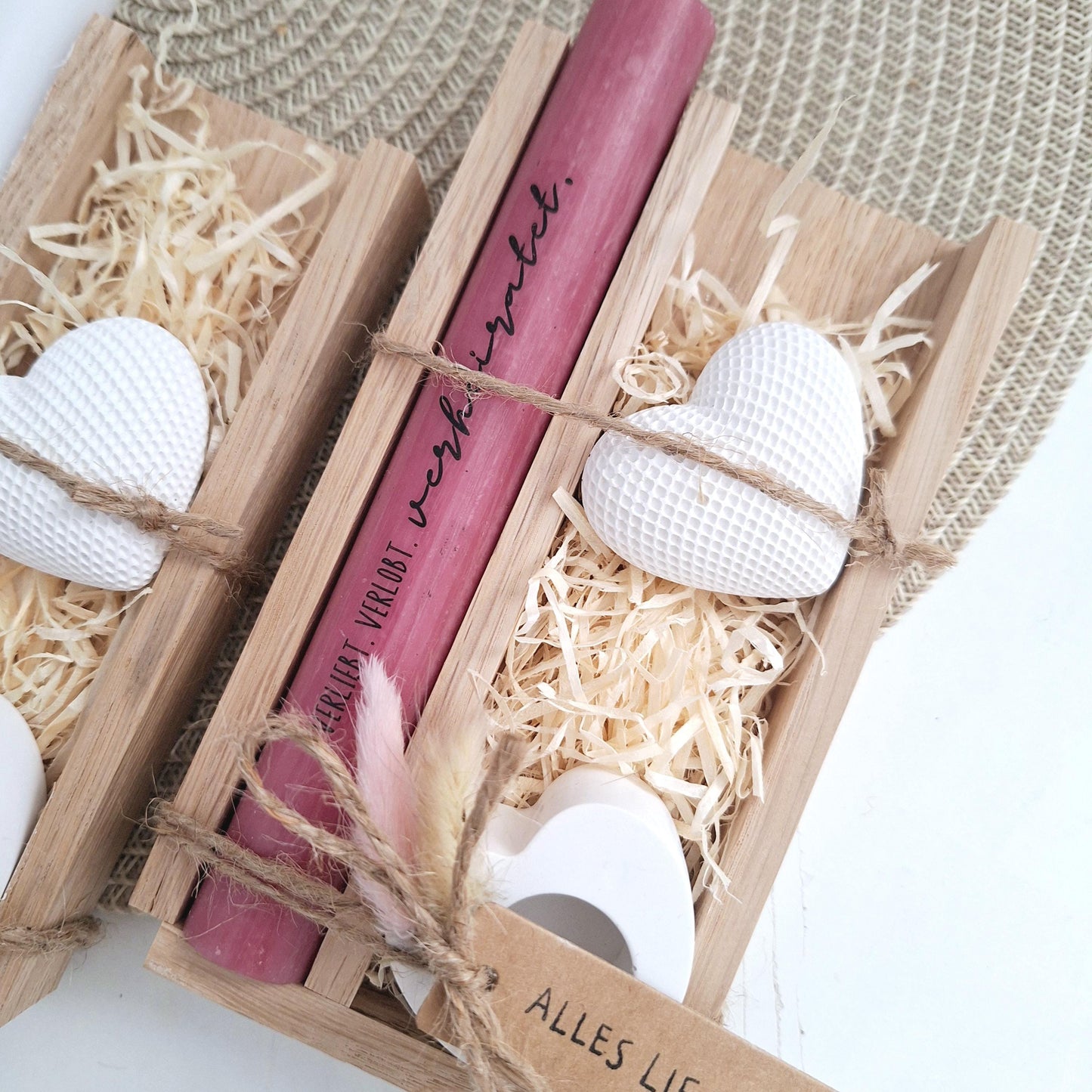 Hochzeit Geschenkset Hochzeitsgeschenk Dekoherz Kerzenhalter Herz Kerzenset Stabkerze Kerzenbox Holzbox Mitbringsel