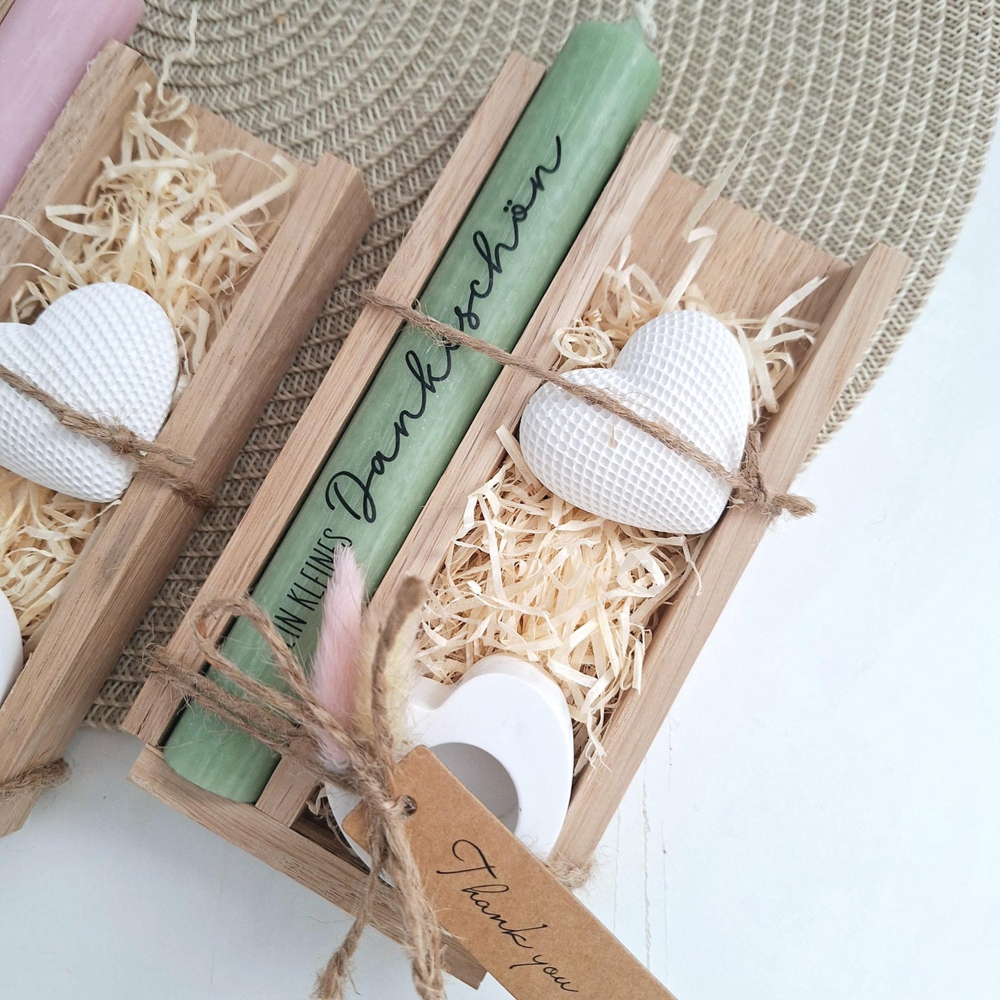 Danke Kerzenset kleines Dankeschön Danke für alles Dekoherz Kerzenhalter Herz Geschenkset Stabkerze Schriftzug mit Holzbox
