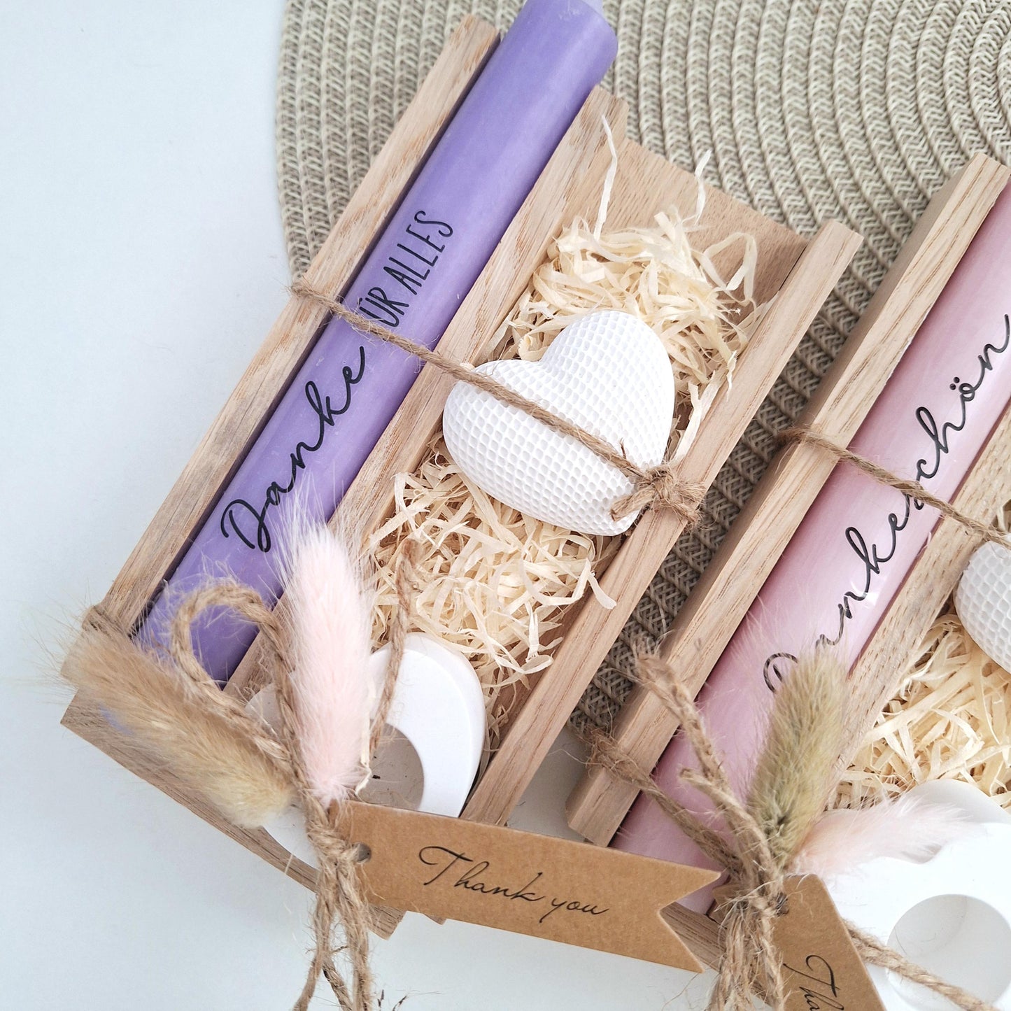 Danke Kerzenset kleines Dankeschön Danke für alles Dekoherz Kerzenhalter Herz Geschenkset Stabkerze Schriftzug mit Holzbox