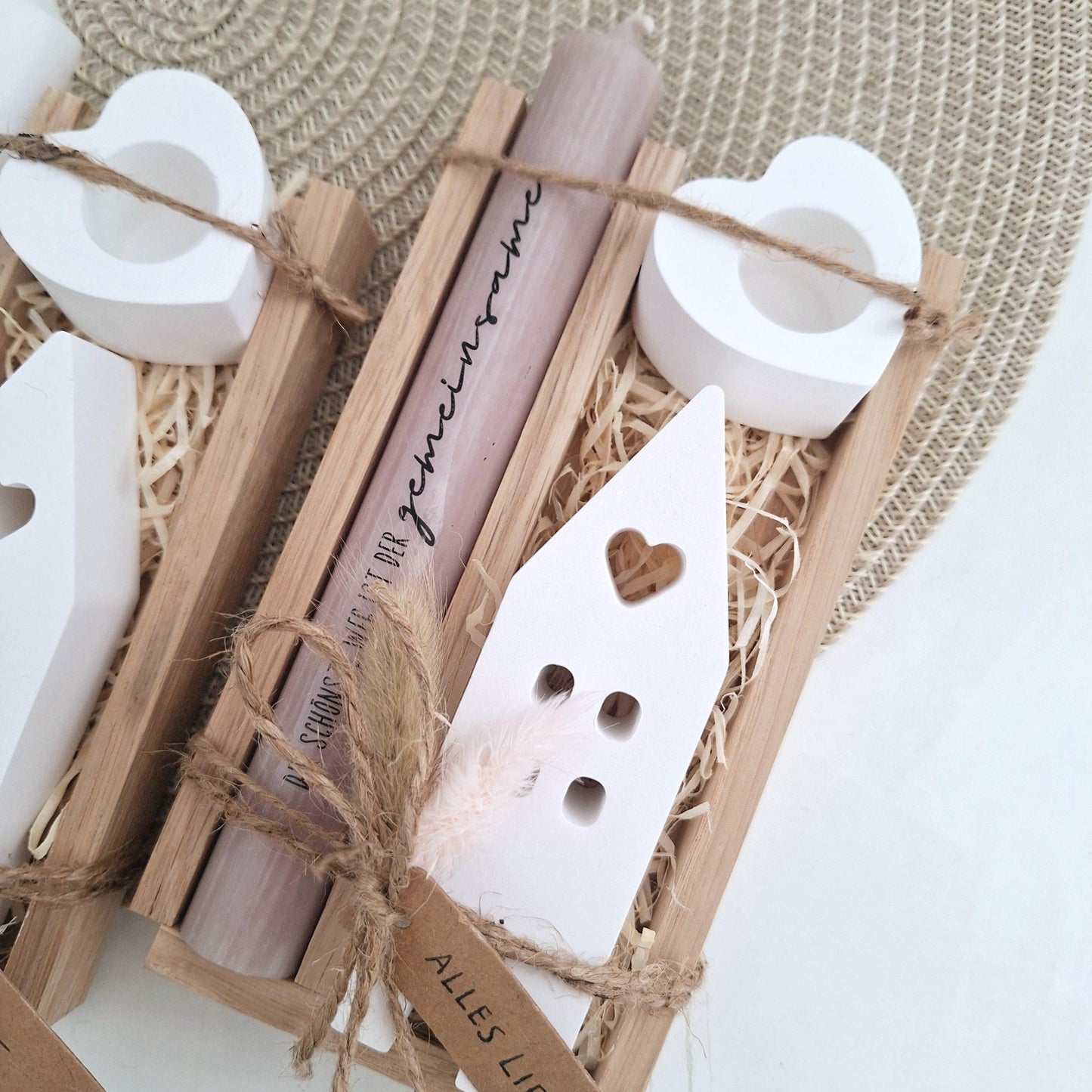 Hochzeit Geschenkset Hochzeitsgeschenk Haus / Lichthaus Kerzenhalter Herz Kerzenset Stabkerze Kerzenbox Holzbox Mitbringsel