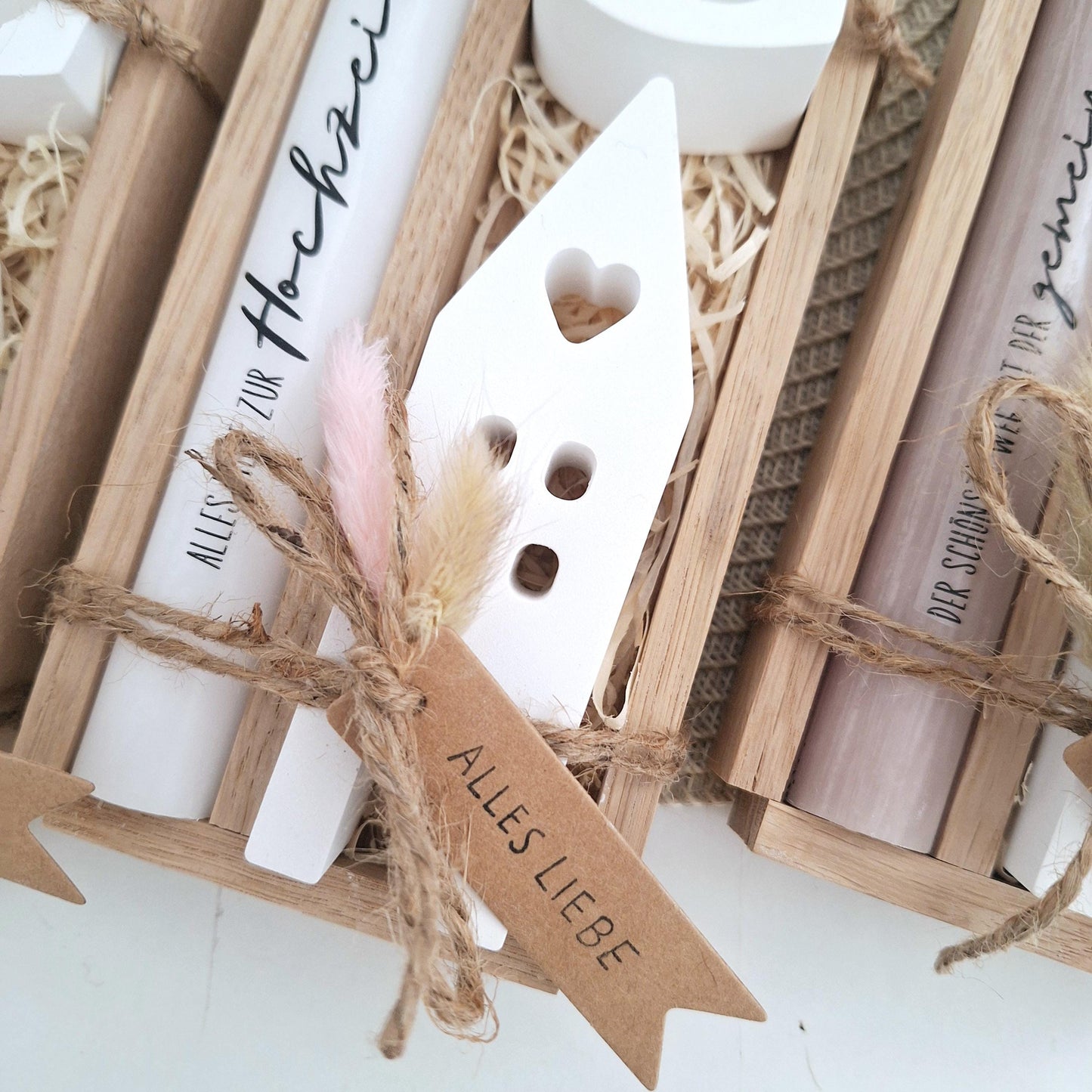 Hochzeit Geschenkset Hochzeitsgeschenk Haus / Lichthaus Kerzenhalter Herz Kerzenset Stabkerze Kerzenbox Holzbox Mitbringsel