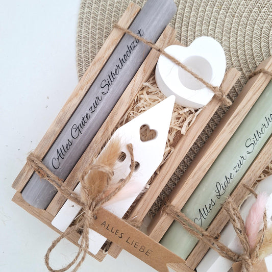 Silberhochzeit Silberhochzeitsgeschenk Haus / Lichthaus Kerzenhalter Herz Stabkerze Kerzenbox Holzbox Mitbringsel