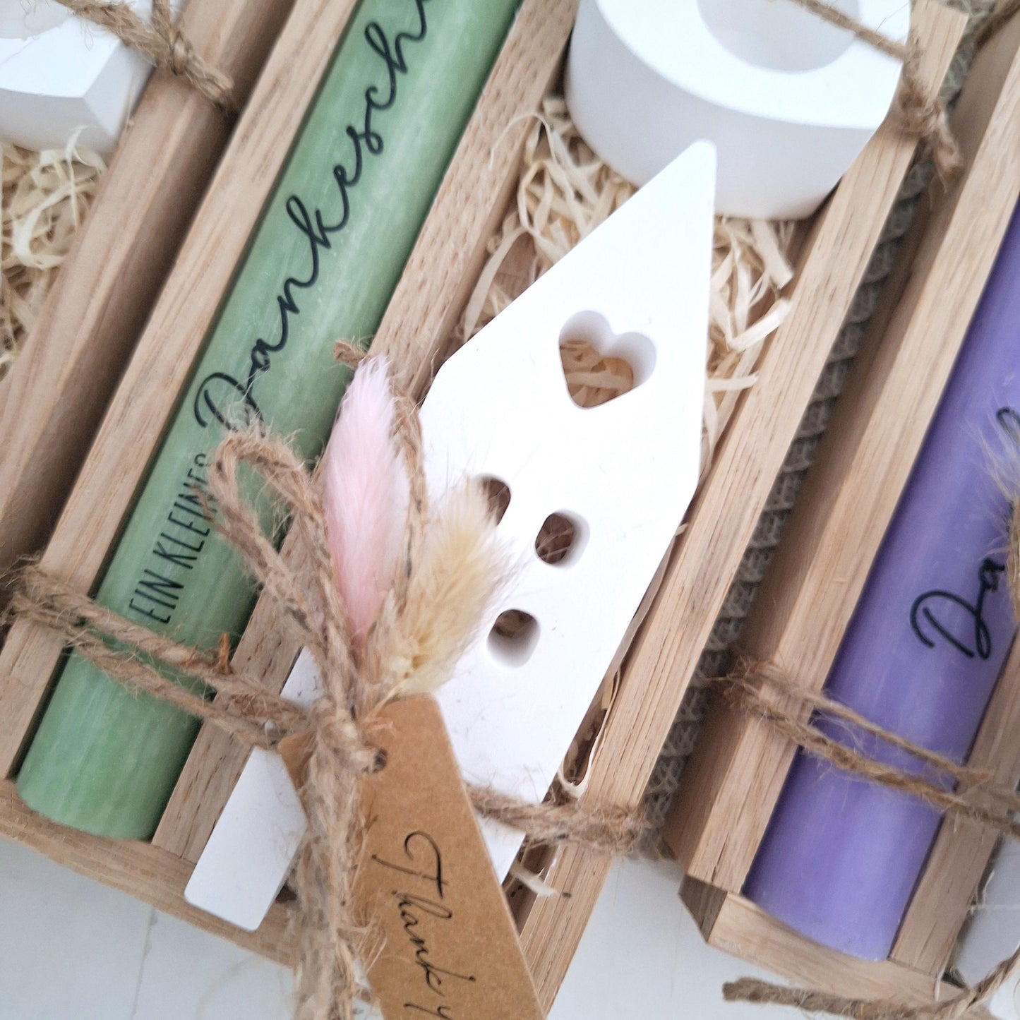 Danke Kerzenset kleines Dankeschön Danke für alles Geschenkset Haus / Lichthaus Kerzenhalter Herz Stabkerze Schriftzug mit Holzbox
