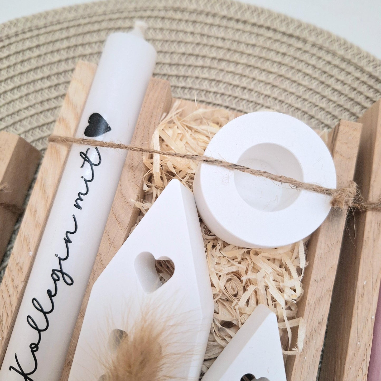 Geschenk Kollegin Kollege mit Herz Geschenkset Dankeschön Häuser / Lichthäuser Kerzenhalter rund Kerzenset Holzbox