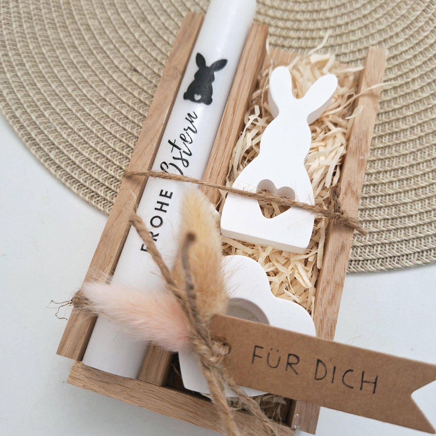 Ostern Geschenkset Ostergeschenk Hase mit Herz klein Kerzenhalter Herz Kerzenset Stabkerze Kerzenbox Holzbox Mitbringsel