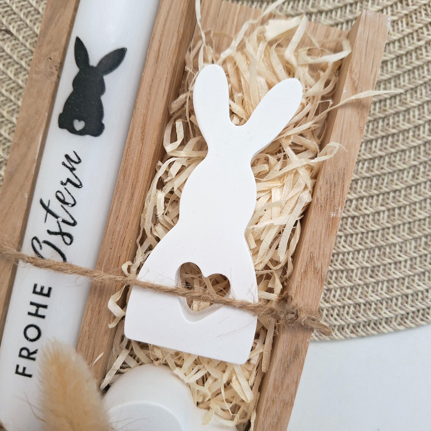 Ostern Geschenkset Ostergeschenk Hase mit Herz klein Kerzenhalter Herz Kerzenset Stabkerze Kerzenbox Holzbox Mitbringsel