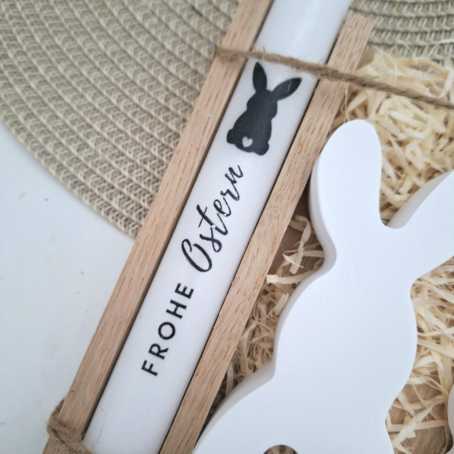 Ostern Geschenkset Ostergeschenk Hase mit Herz groß und klein Kerzenhalter rund Kerzenset Stabkerze Kerzenbox Holzbox Mitbringsel
