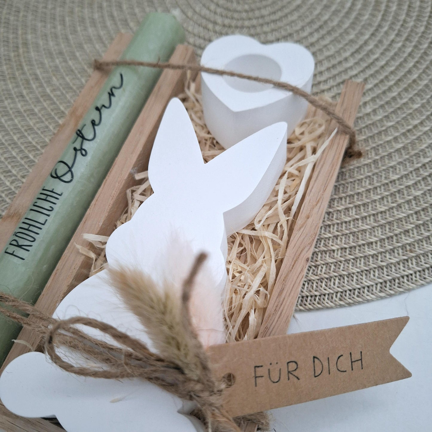 Ostern Geschenkset Ostergeschenk Hasen Silhouette Kerzenhalter Herz Kerzenset Stabkerze Kerzenbox Holzbox Mitbringsel