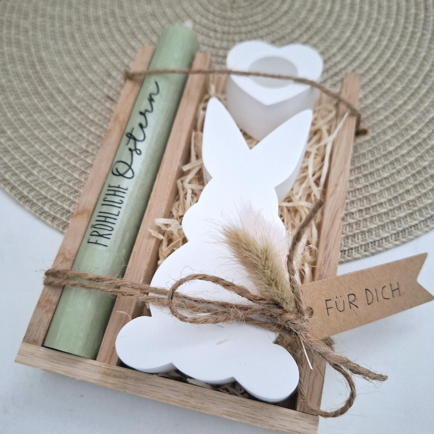Ostern Geschenkset Ostergeschenk Hasen Silhouette Kerzenhalter Herz Kerzenset Stabkerze Kerzenbox Holzbox Mitbringsel