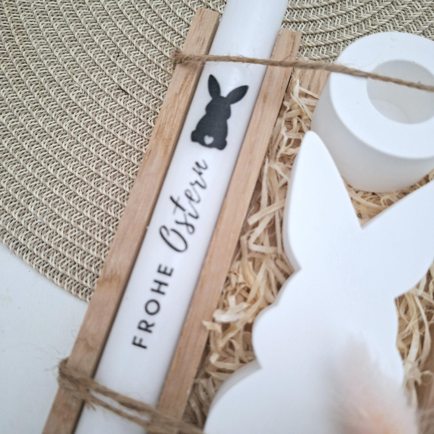 Ostern Geschenkset Ostergeschenk Hase Silhouette Kerzenhalter rund Kerzenset Stabkerze Kerzenbox Holzbox Mitbringsel