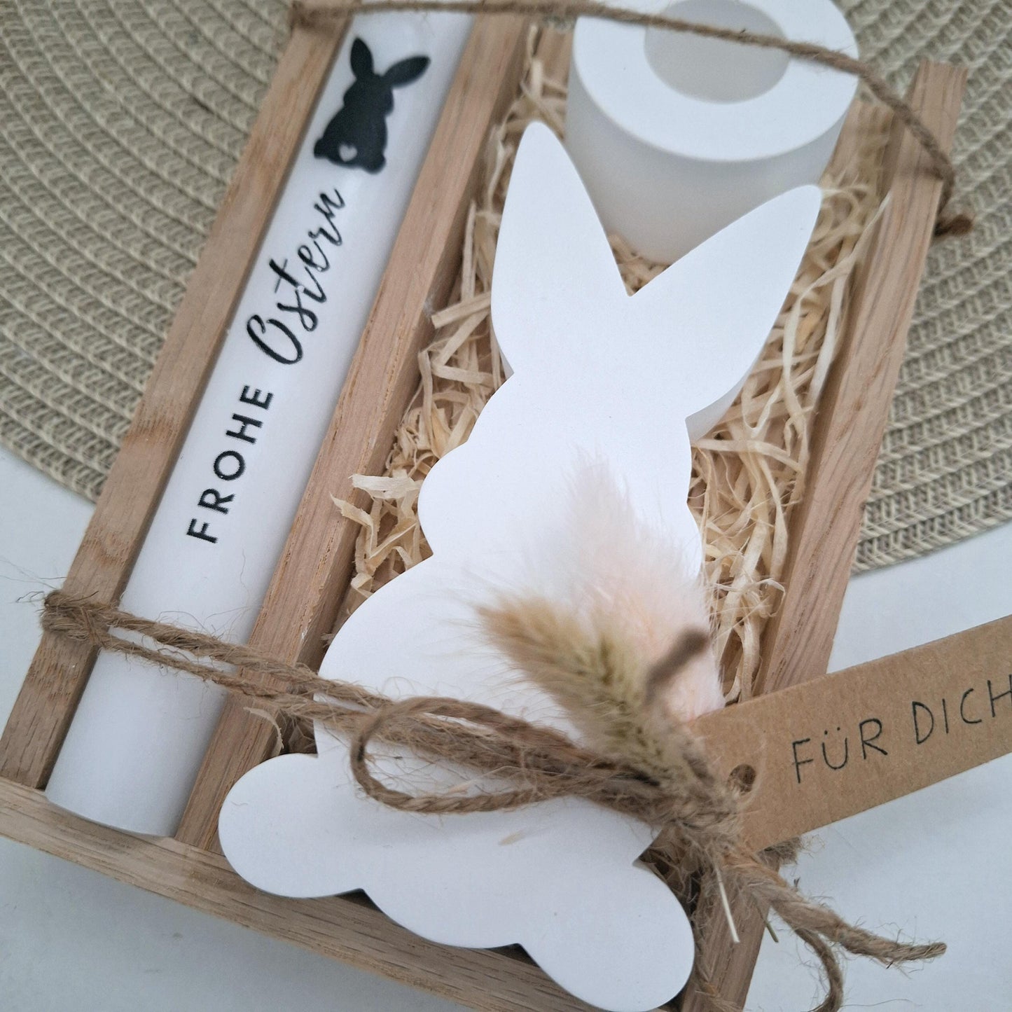 Ostern Geschenkset Ostergeschenk Hase Silhouette Kerzenhalter rund Kerzenset Stabkerze Kerzenbox Holzbox Mitbringsel
