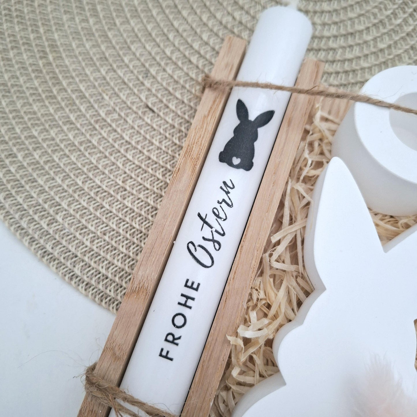 Ostern Geschenkset Ostergeschenk Hase Silhouette Kerzenhalter rund Kerzenset Stabkerze Kerzenbox Holzbox Mitbringsel