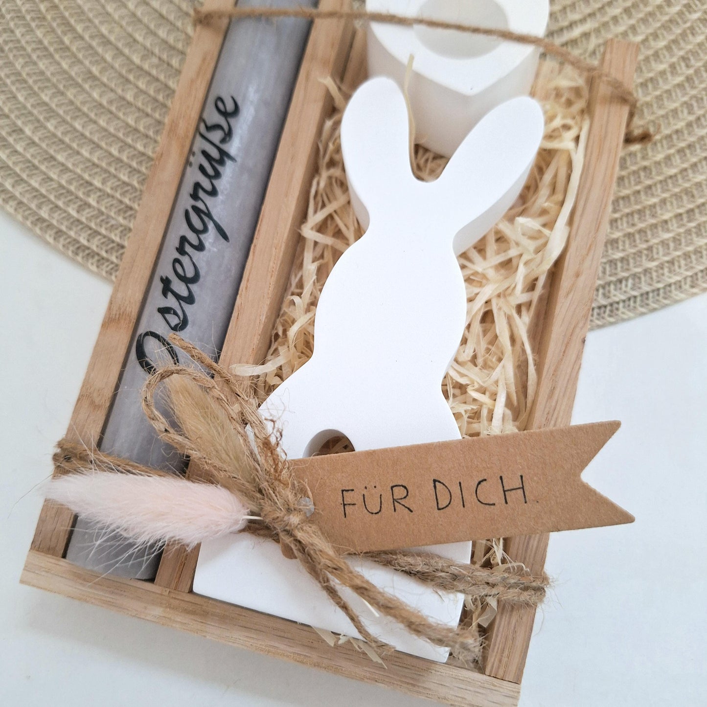 Ostern Geschenkset Ostergeschenk Hase mit Herz groß Kerzenhalter Herz Kerzenset Stabkerze Kerzenbox Holzbox Mitbringsel