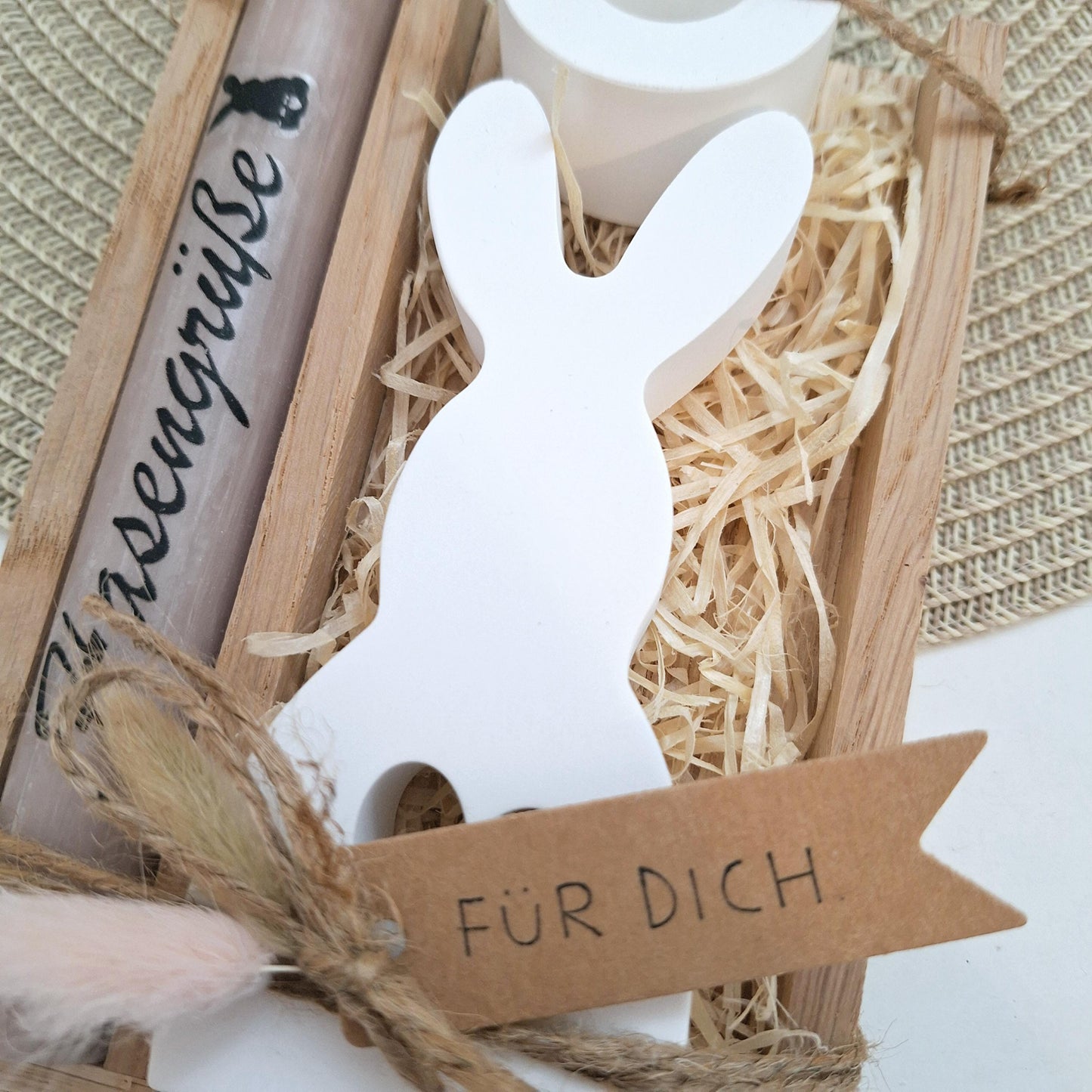 Ostern Geschenkset Ostergeschenk Hase mit Herz groß Kerzenhalter rund Kerzenset Stabkerze Kerzenbox Holzbox Mitbringsel