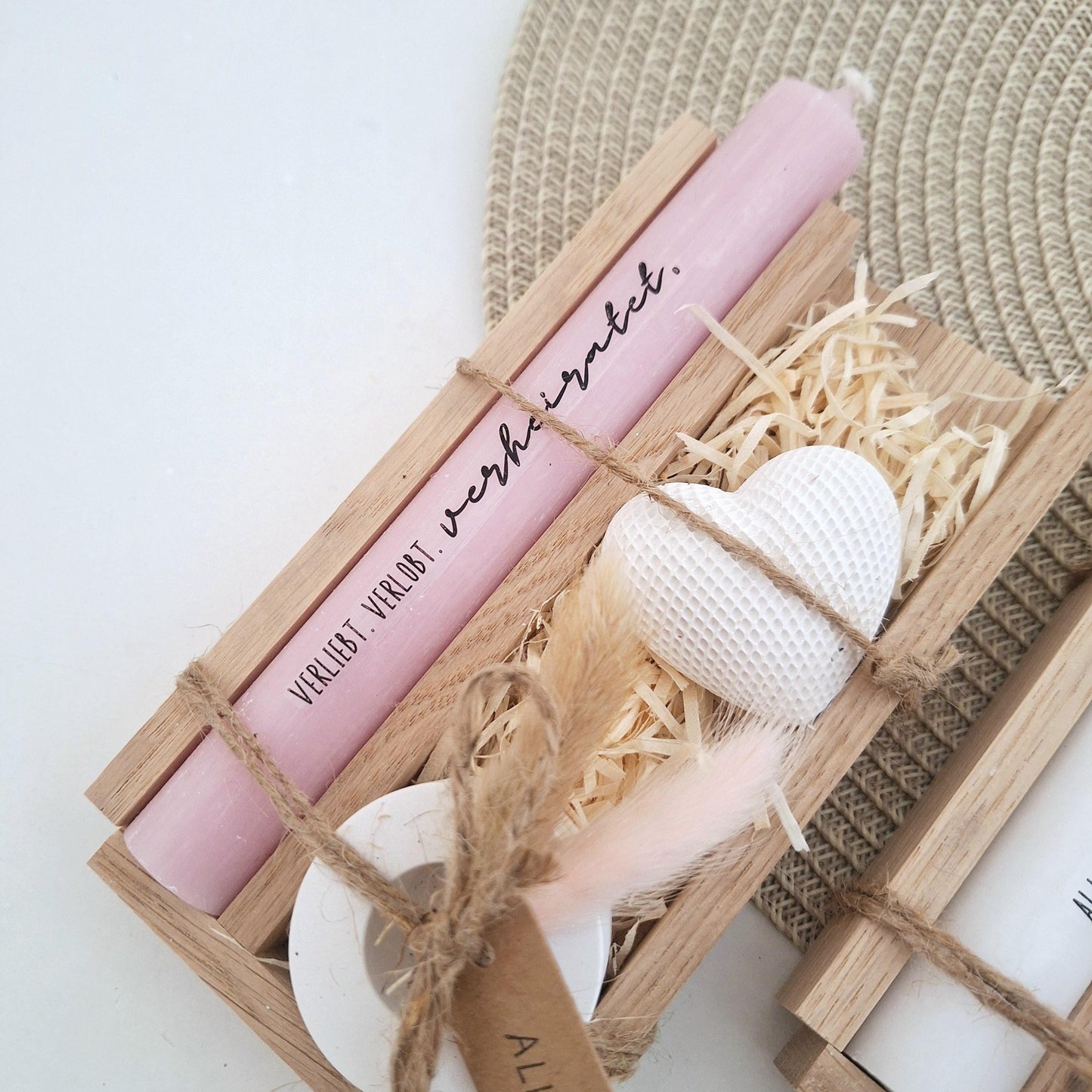 Hochzeit Geschenkset Hochzeitsgeschenk Dekoherz Kerzenhalter rund Kerzenset Stabkerze Kerzenbox Holzbox Mitbringsel