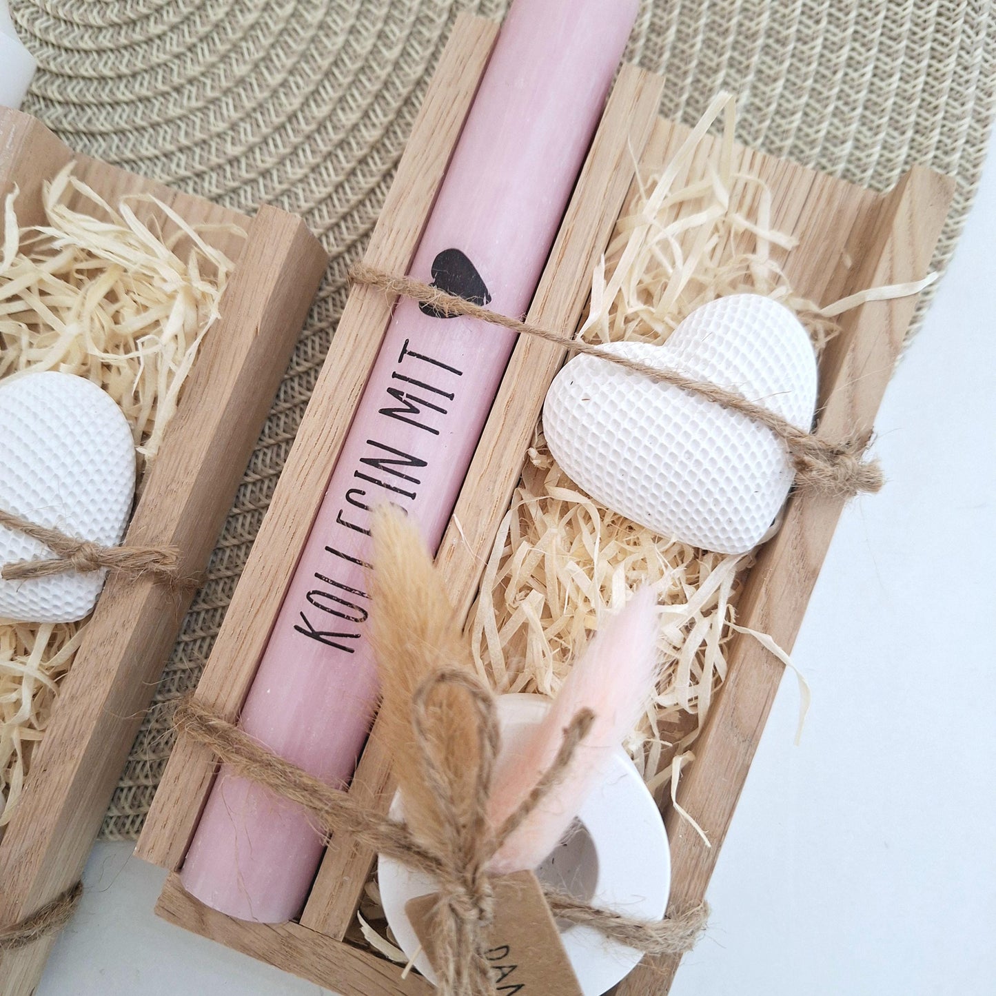 Geschenk Kollegin mit Herz Kollege Geschenkset Dankeschön Dekoherz Kerzenhalter rund Kerzenset Geschenkset Stabkerze Holzbox