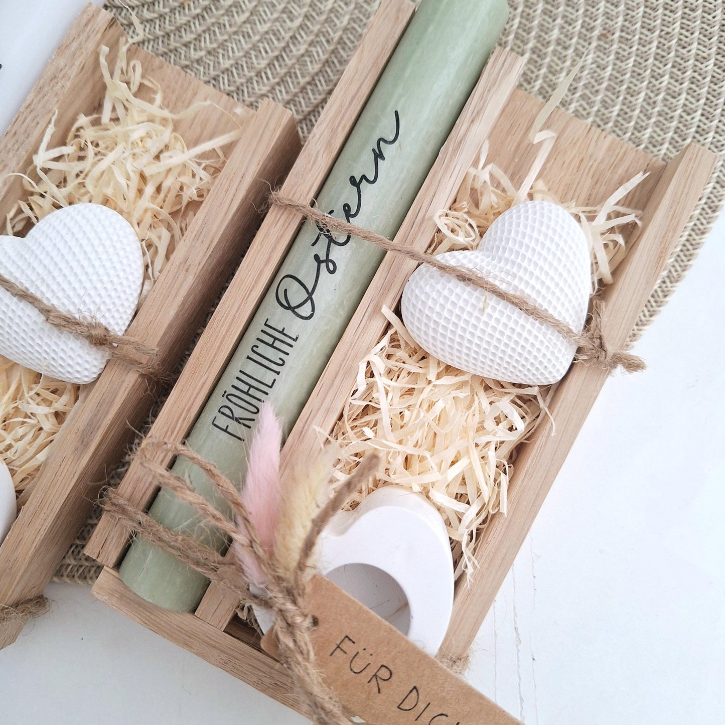 Ostern Geschenkset Ostergeschenk Dekoherz Kerzenhalter Herz Kerzenset Stabkerze Kerzenbox Holzbox Mitbringsel