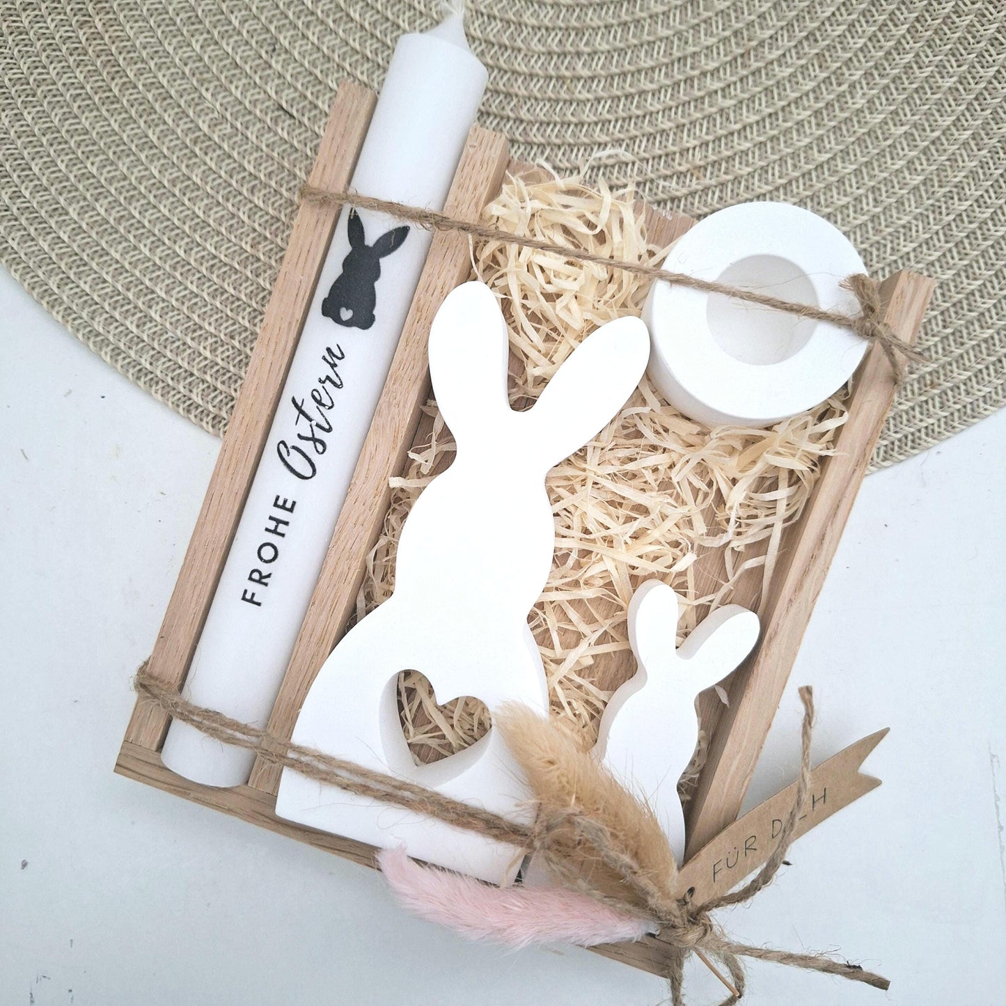 Ostern Geschenkset Ostergeschenk Hase mit Herz groß und klein Kerzenhalter rund Kerzenset Stabkerze Kerzenbox Holzbox Mitbringsel