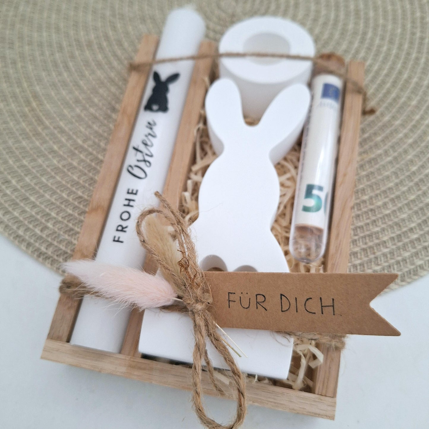 Ostern Geldgeschenk Ostergeschenk Hase mit Herz groß Kerzenhalter rund Geschenkset Gutschein Kerzenset Stabkerze Kerzenbox Mitbringsel