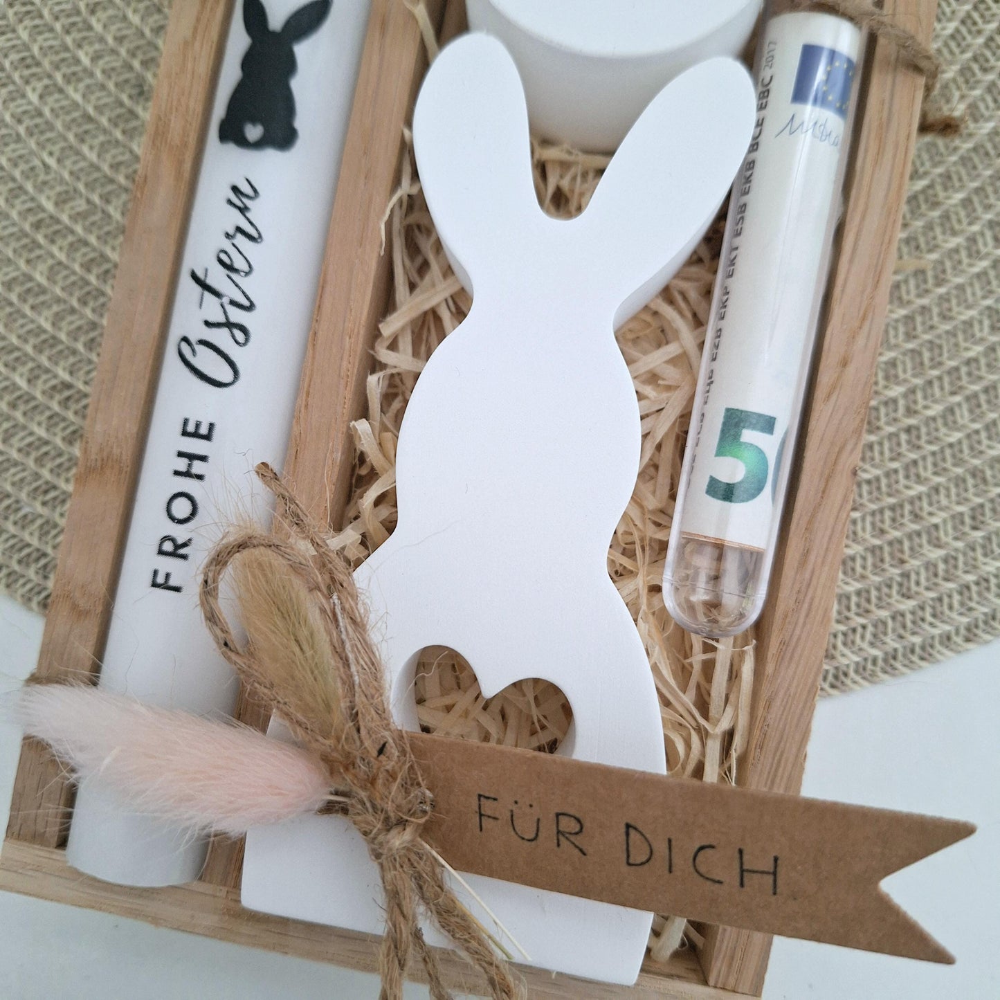 Ostern Geldgeschenk Ostergeschenk Hase mit Herz groß Kerzenhalter rund Geschenkset Gutschein Kerzenset Stabkerze Kerzenbox Mitbringsel
